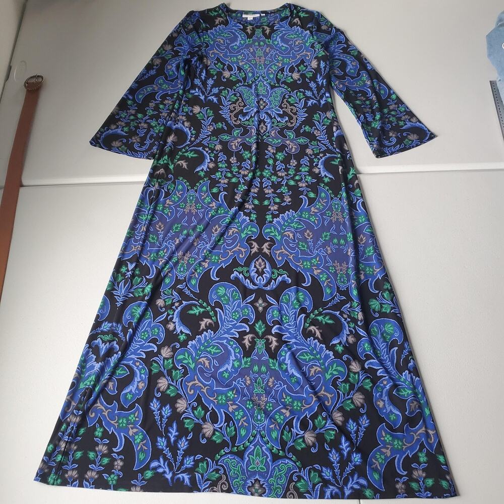 Chicos Traveler Dress Womens Small Blue Green Floral A Line Maxi Stretch